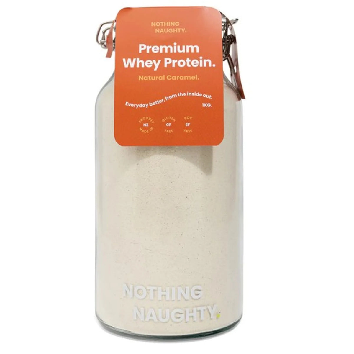 Container of premium Caramel whey protein powder with an orange label on a white background