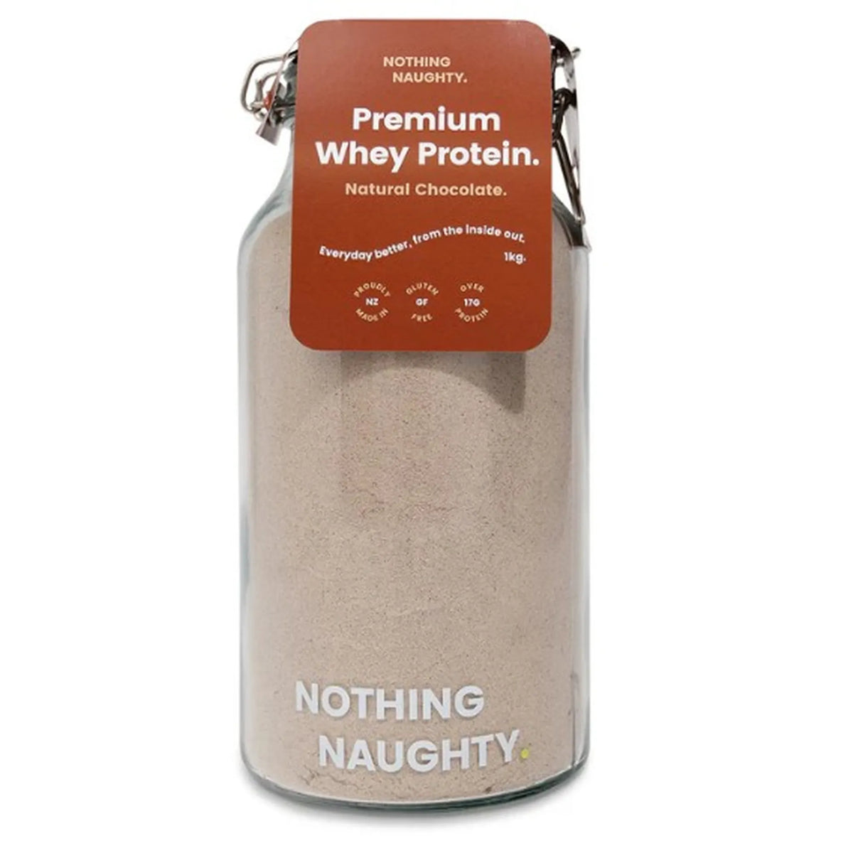 Container of premium chocolate whey protein powder with a brown label on a white background