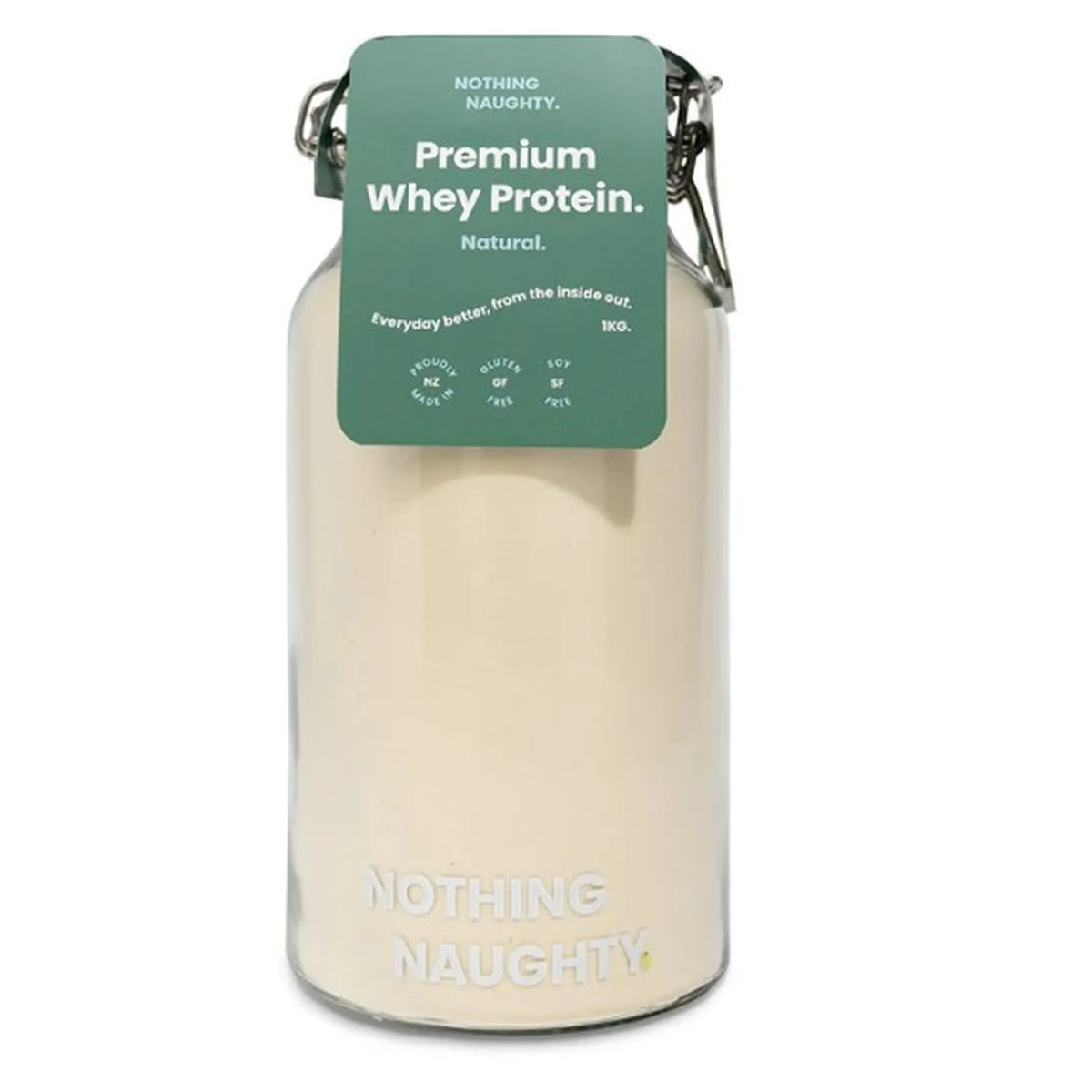 Container of 'Nothing Naughty' natural whey protein with a green label on a white background