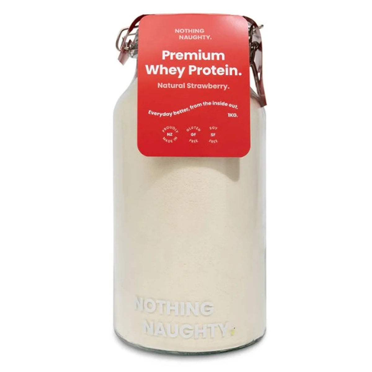 Container of premium strawberry whey protein powder with a red label on a white background