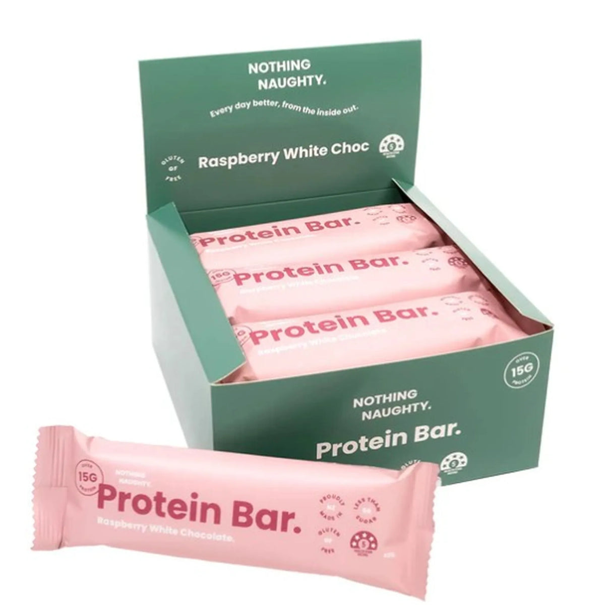 Box of Raspberry White Choc protein bars with a single bar in front on a white background