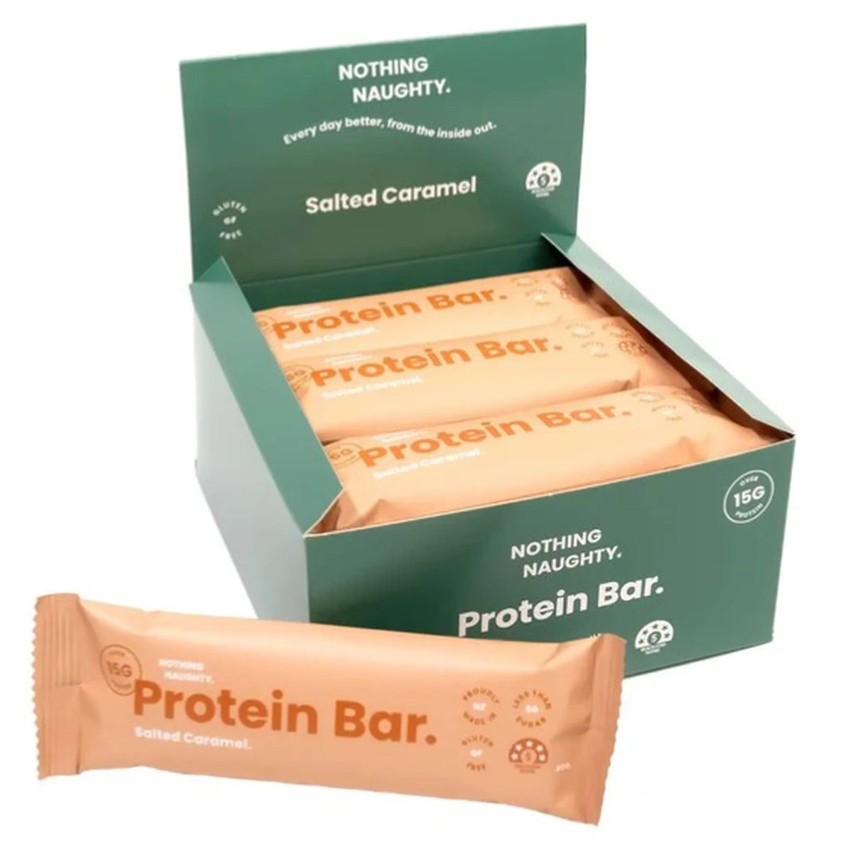 Box of Salted Caramel Protein Bars with a single bar in front on a white background