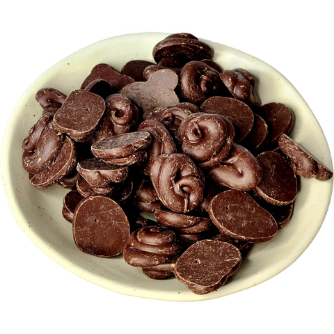 Bowl of chocolate chips on a white background