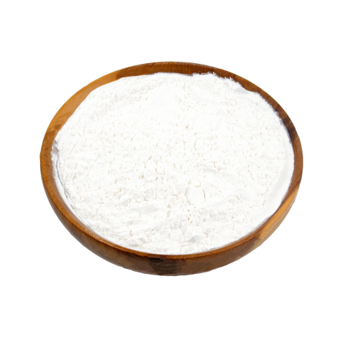 a wooden bowl filled with Tapioca Starch on a white background