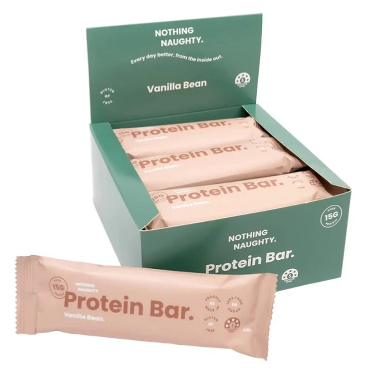 Box of Vanilla Bean protein bars with a single bar in front on a white background