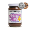 Jar of Forty Thieves Chocolate Fudge Peanut Butter with awards on a white background