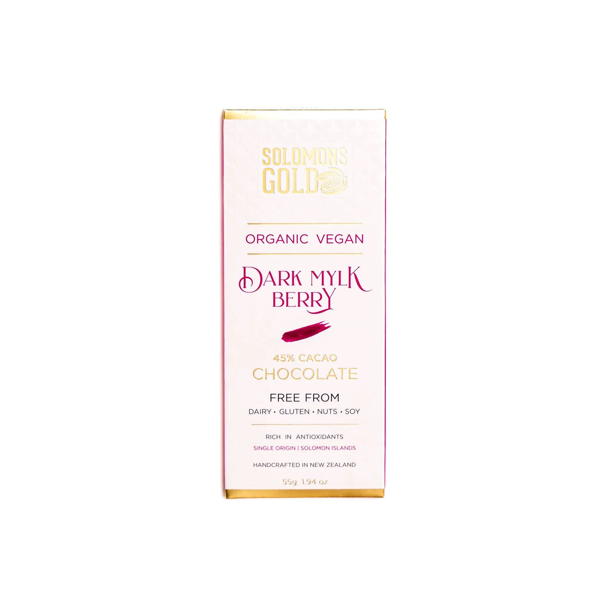 Block of Solomons Gold Organic Vegan Dark Mylk Berry chocolate on a white background