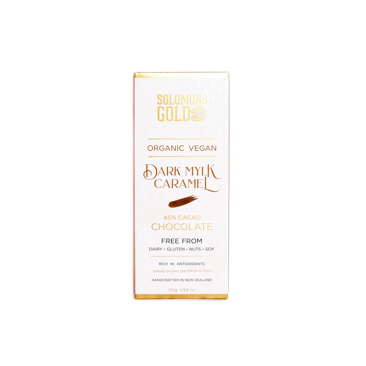 Block of Solomons Gold Dark Mylk Caramel chocolate on a white background