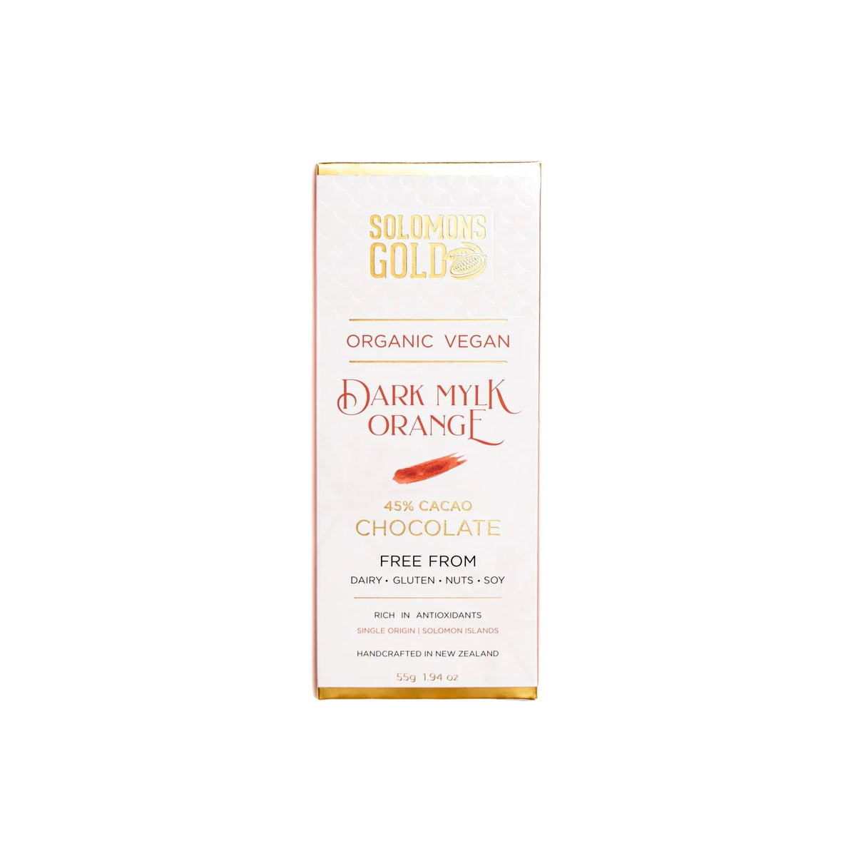 Solomon's Gold Organic Vegan Dark Mylk Orange chocolate bar packaging on a white background