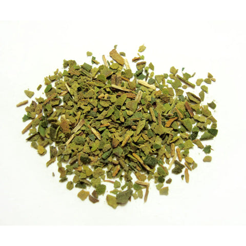 a small pile of Lemon Myrtle Loose Leaf Tea on a white background