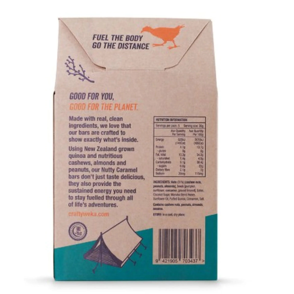 Back of Nutty Caramel bar with branding and text on a white background