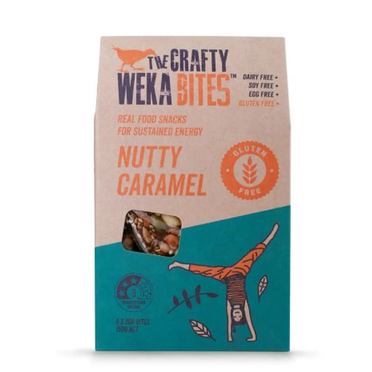 Package of The Crafty Weka Bites Nutty Caramel snacks on a white background